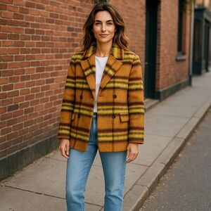 NWT Vigoss Women’s Plaid Pea Coat Double Breasted Fall Winter Warm Cozy